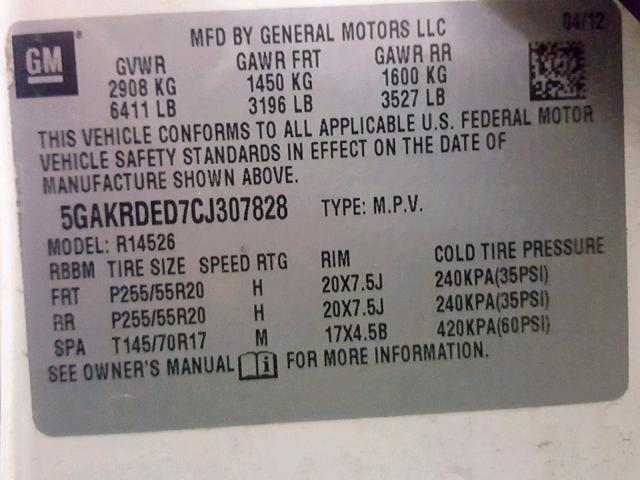 5GAKRDED7CJ307828 - 2012 BUICK ENCLAVE WHITE photo 10