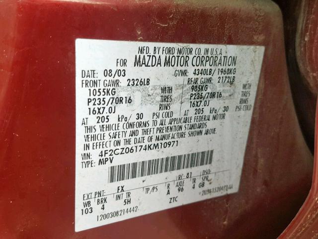 4F2CZ06174KM10971 - 2004 MAZDA TRIBUTE ES 红色 照片 10