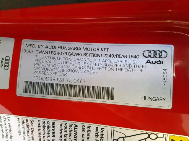 TRUDD38J281000467 - 2008 AUDI TT 3.2 QUA RED photo 10