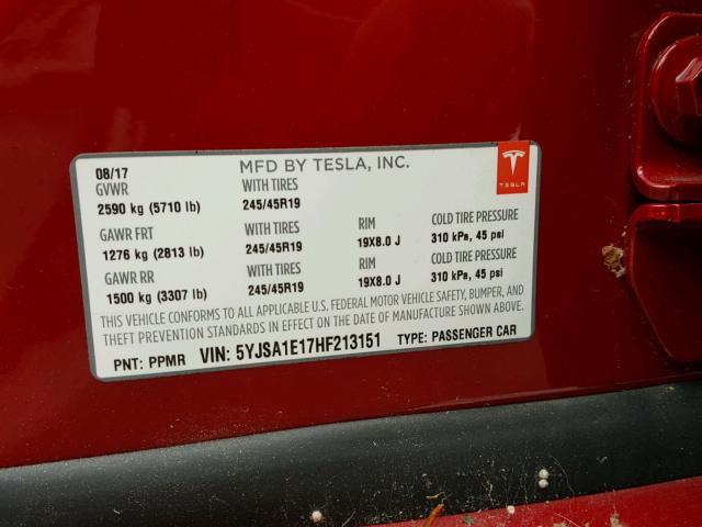 5YJSA1E17HF213151 - 2017 TESLA MODEL S RED photo 10