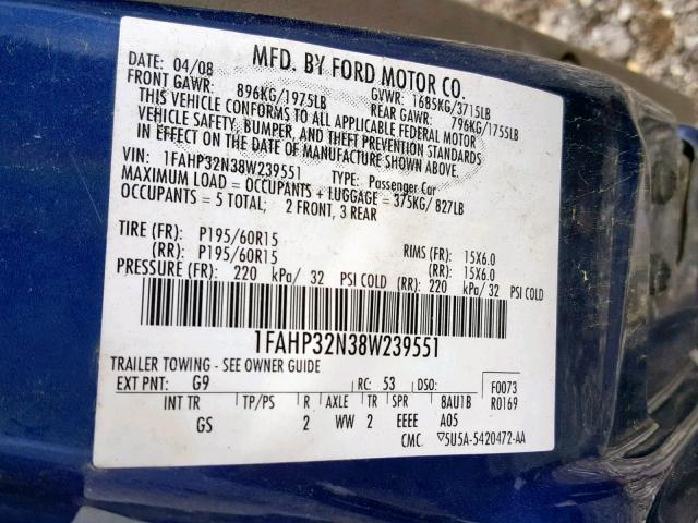 1FAHP32N38W239551 - 2008 FORD FOCUS S/SE BLUE photo 10