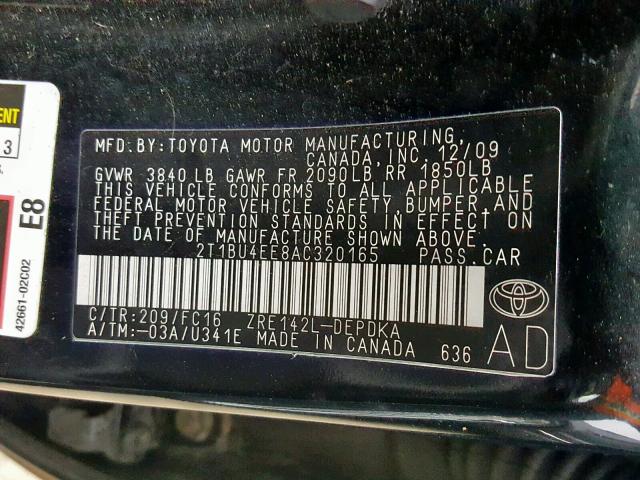 2T1BU4EE8AC320165 - 2010 TOYOTA COROLLA BA BLACK photo 10