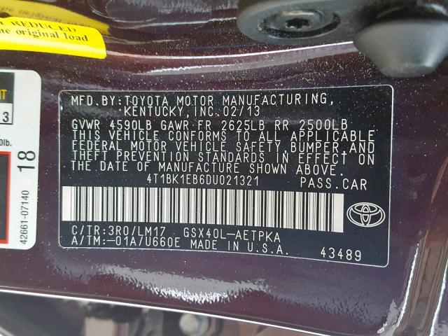 4T1BK1EB6DU021321 - 2013 TOYOTA AVALON BAS MAROON photo 10