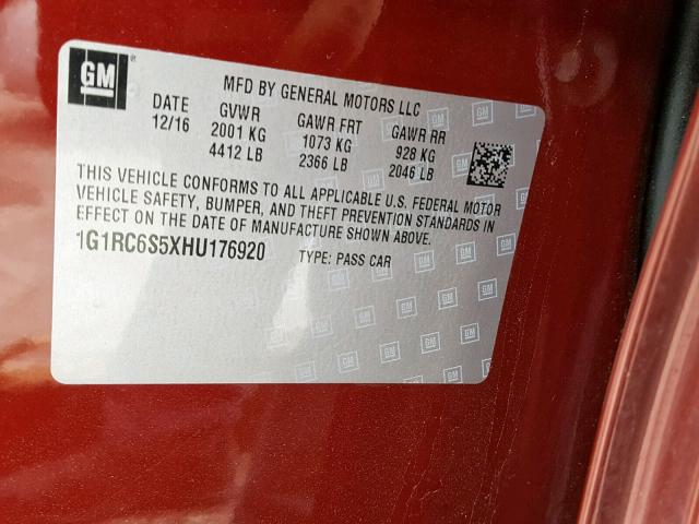 1G1RC6S5XHU176920 - 2017 CHEVROLET VOLT LT BURGUNDY photo 10