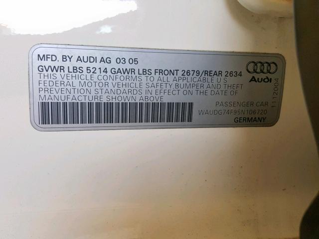 WAUDG74F95N106720 - 2005 AUDI A6 3.2 QUA WHITE photo 10