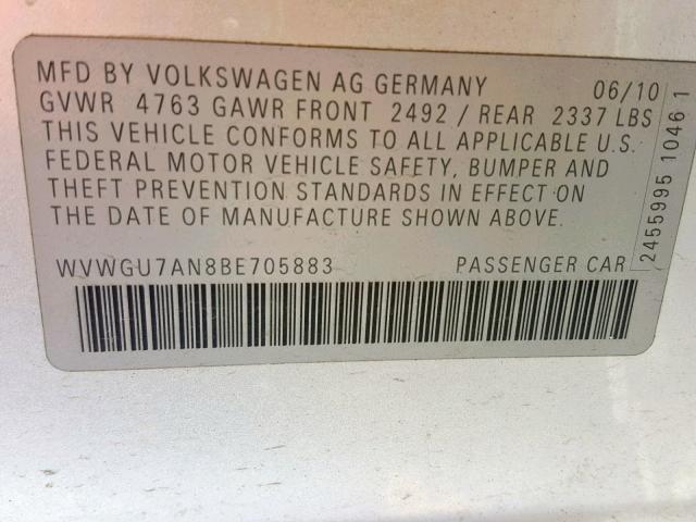 WVWGU7AN8BE705883 - 2011 VOLKSWAGEN CC VR6 4MO SILVER photo 10