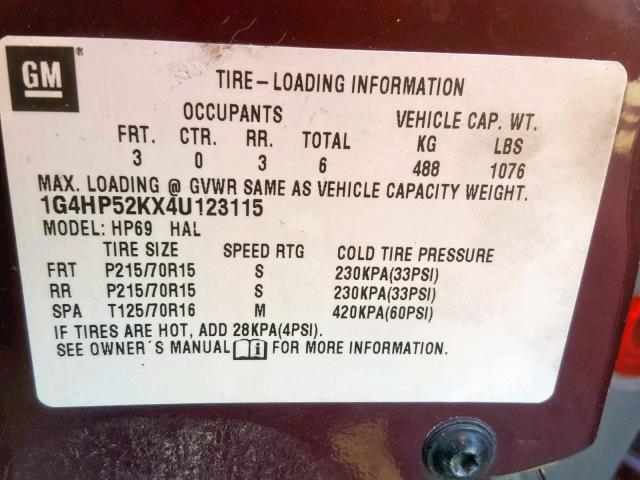 1G4HP52KX4U123115 - 2004 BUICK LESABRE CU BURGUNDY photo 10