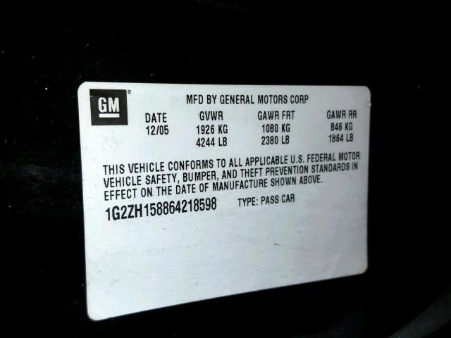 1G2ZH158864218598 - 2006 PONTIAC G6 GT BLACK photo 10