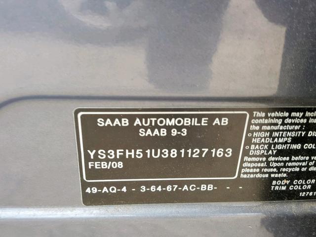 YS3FH51U381127163 - 2008 SAAB 9-3 AERO BLUE photo 10