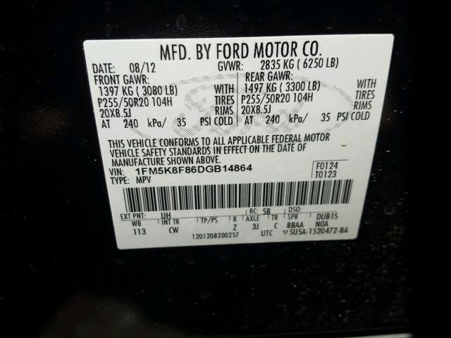 1FM5K8F86DGB14864 - 2013 FORD EXPLORER L BLACK photo 10