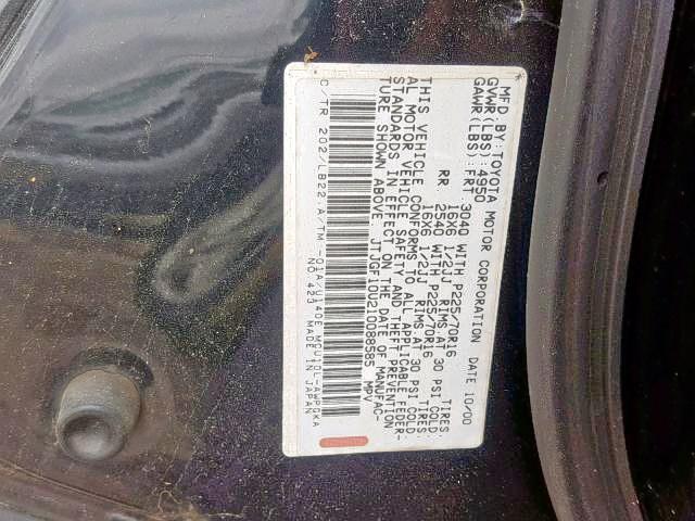 JTJGF10U210088585 - 2001 LEXUS RX 300 BLACK photo 10