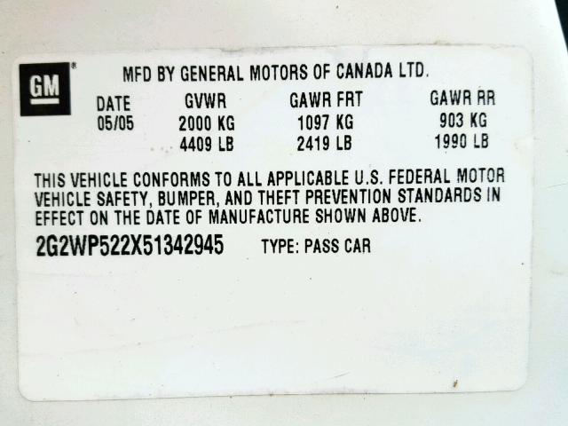 2G2WP522X51342945 - 2005 PONTIAC GRAND PRIX 白色 照片 10