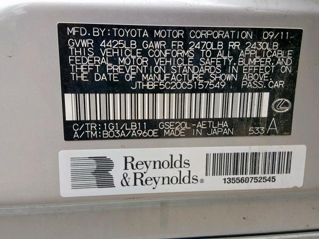 JTHBF5C20C5157549 - 2012 LEXUS IS 250 SILVER photo 10