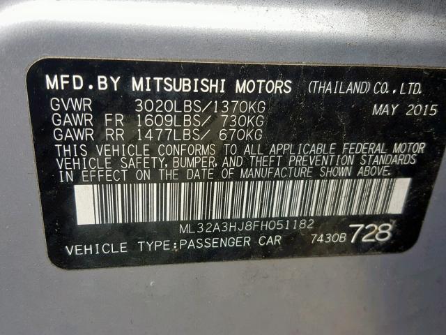 ML32A3HJ8FH051182 - 2015 MITSUBISHI MIRAGE DE SILVER photo 10