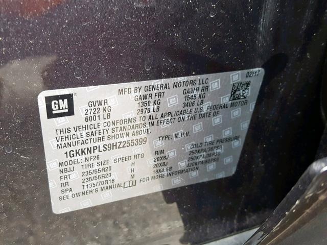 1GKKNPLS9HZ255399 - 2017 GMC ACADIA DEN GRAY photo 10