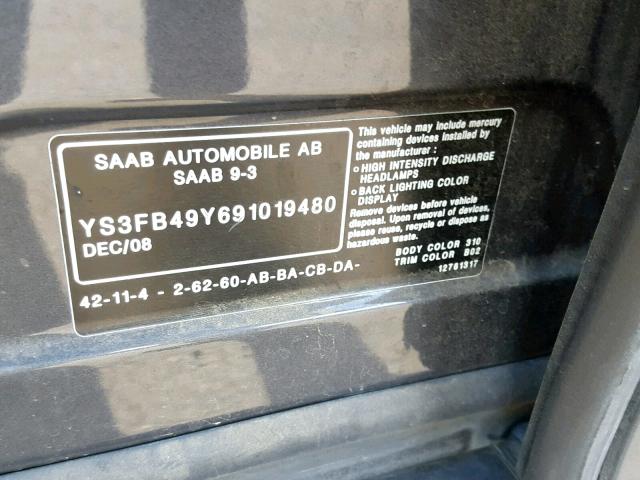 YS3FB49Y691019480 - 2009 SAAB 9-3 2.0T GRAY photo 10