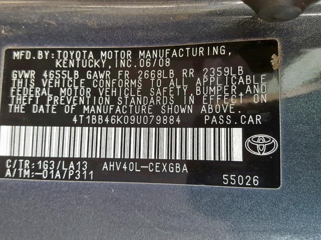 4T1BB46K09U079884 - 2009 TOYOTA CAMRY HYBR GRAY photo 10