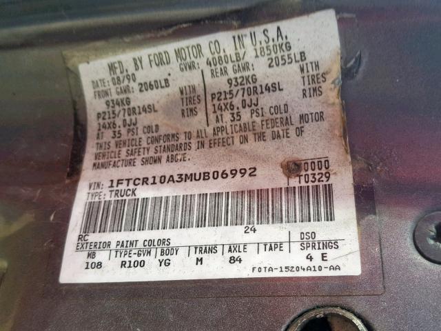 1FTCR10A3MUB06992 - 1991 FORD RANGER BLACK photo 10