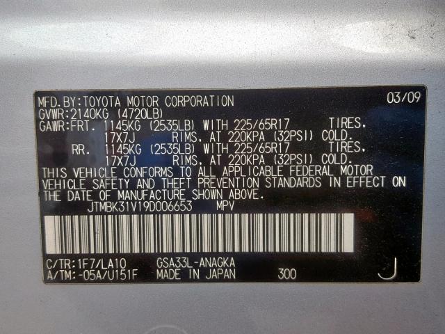 JTMBK31V19D006653 - 2009 TOYOTA RAV4 LIMIT SILVER photo 10