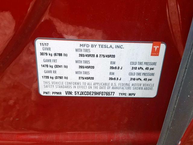 5YJXCDE29HF076577 - 2017 TESLA MODEL X RED photo 10