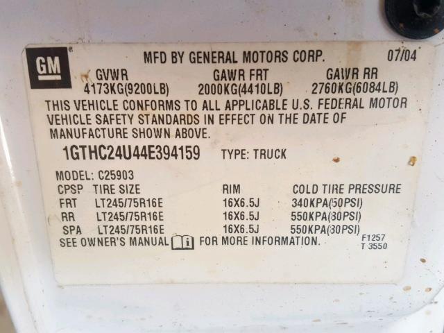 1GTHC24U44E394159 - 2004 GMC SIERRA C25 WHITE photo 10