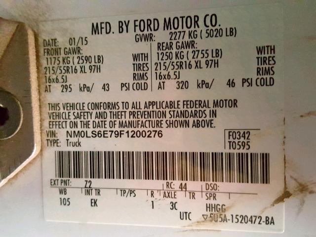 NM0LS6E79F1200276 - 2015 FORD TRANSIT CO WHITE photo 10