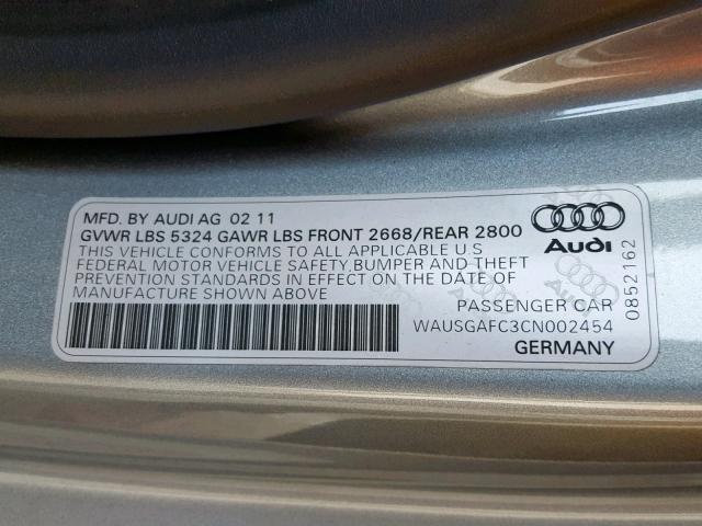 WAUSGAFC3CN002454 - 2012 AUDI A7 PRESTIG SILVER photo 10