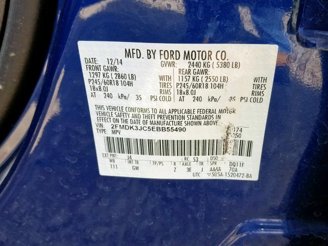 2FMDK3JC5EBB55490 - 2014 FORD EDGE SEL BLUE photo 10