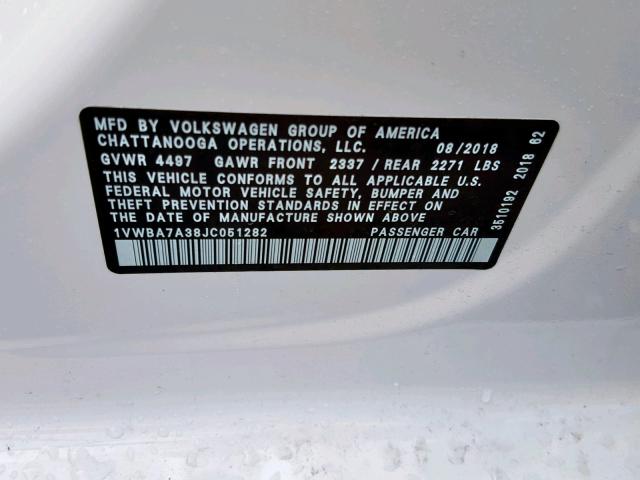 1VWBA7A38JC051282 - 2018 VOLKSWAGEN PASSAT SE WHITE photo 10