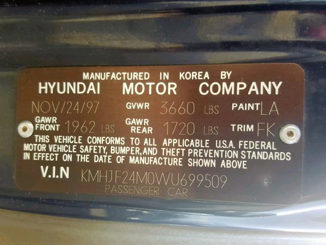 KMHJF24M0WU699509 - 1998 HYUNDAI ELANTRA BLUE photo 10