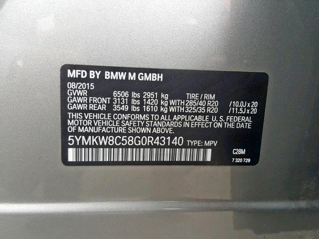 5YMKW8C58G0R43140 - 2016 BMW X6 M GRAY photo 10