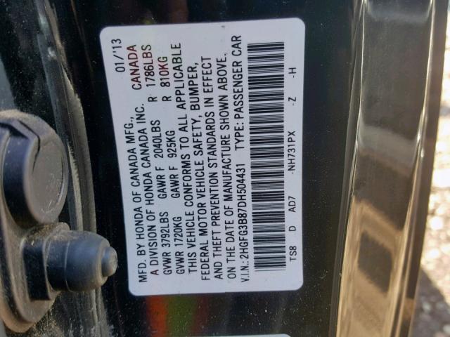 2HGFG3B87DH504431 - 2013 HONDA CIVIC EX BLACK photo 10