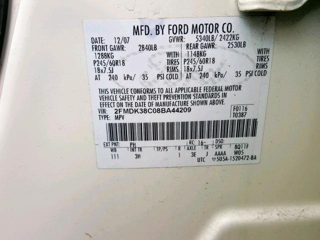 2FMDK38C08BA44209 - 2008 FORD EDGE SEL WHITE photo 10