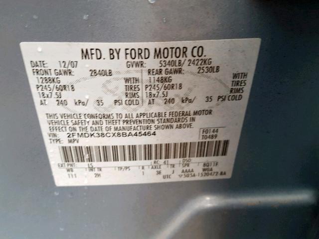 2FMDK38CX8BA45464 - 2008 FORD EDGE SEL BLUE photo 10