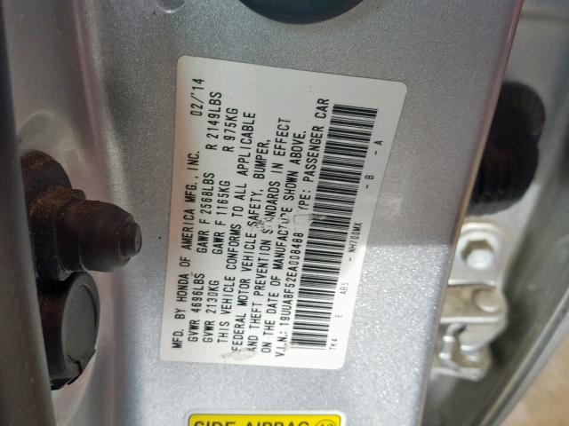 19UUA8F52EA008488 - 2014 ACURA TL TECH SILVER photo 10