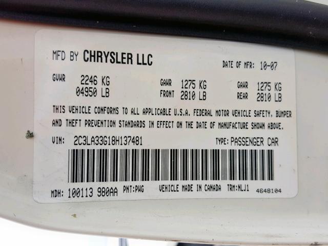 2C3LA33G18H137481 - 2008 CHRYSLER 300 LIMITE WHITE photo 10