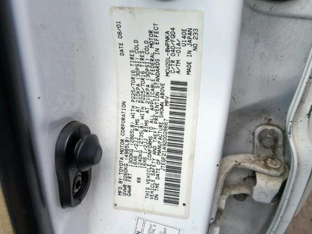 JTEGF21A920028667 - 2002 TOYOTA HIGHLANDER WHITE photo 10