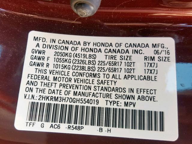 2HKRM3H70GH554019 - 2016 HONDA CR-V EXL BURGUNDY photo 10