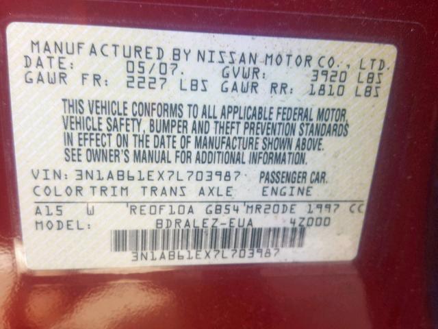 3N1AB61EX7L703987 - 2007 NISSAN SENTRA 2.0 RED photo 10