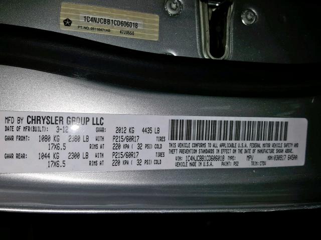 1C4NJCBB1CD606018 - 2012 JEEP COMPASS SP 银色 照片 10