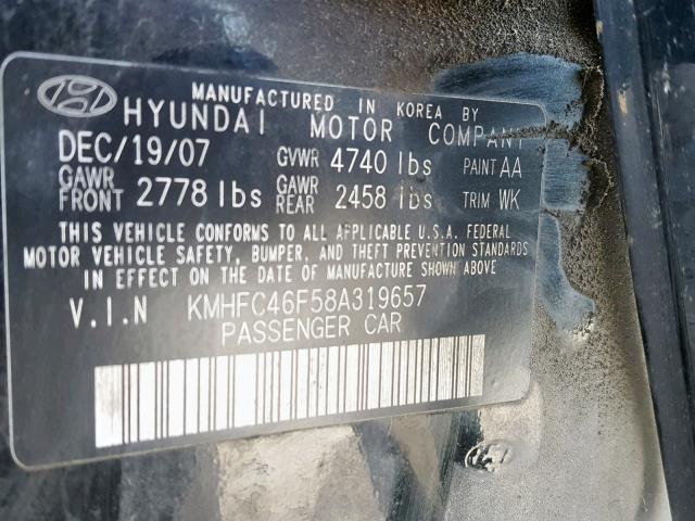 KMHFC46F58A319657 - 2008 HYUNDAI AZERA SE BLACK photo 10