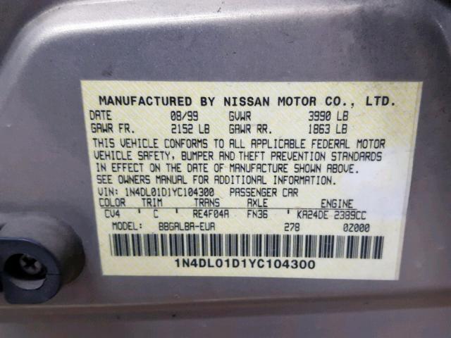 1N4DL01D1YC104300 - 2000 NISSAN ALTIMA XE BEIGE photo 10