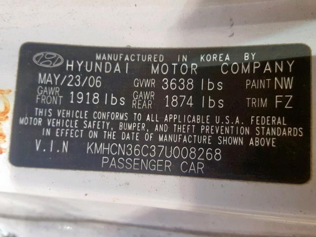 KMHCN36C37U008268 - 2007 HYUNDAI ACCENT SE WHITE photo 10