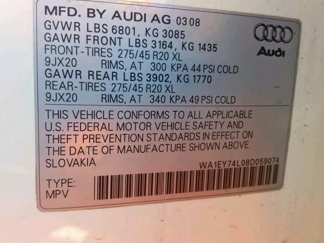 WA1EY74L08D059074 - 2008 AUDI Q7 3.6 QUA WHITE photo 10