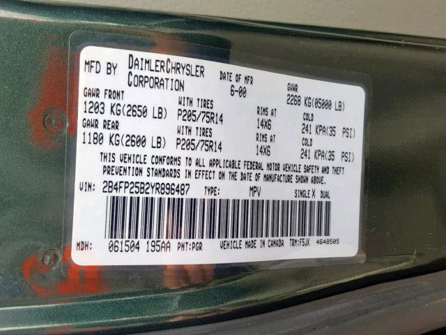 2B4FP25B2YR896487 - 2000 DODGE CARAVAN GREEN photo 10