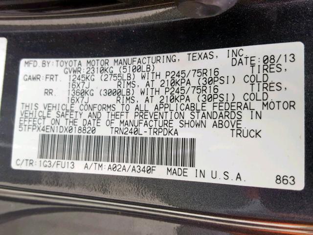 5TFPX4EN1DX018820 - 2013 TOYOTA TACOMA GRAY photo 10