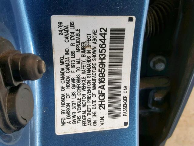 2HGFA16959H356442 - 2009 HONDA CIVIC EXL BLUE photo 10