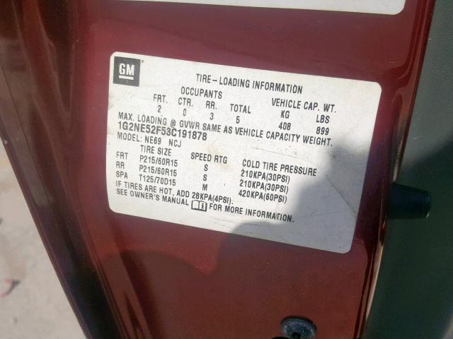 1G2NE52F53C191878 - 2003 PONTIAC GRAND AM S MAROON photo 10