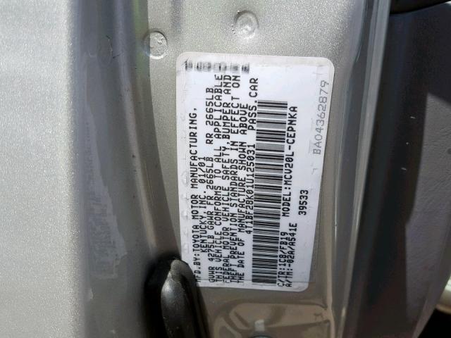 4T1BF28K01U125031 - 2001 TOYOTA CAMRY LE SILVER photo 10