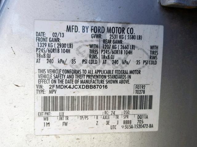 2FMDK4JCXDBB87016 - 2013 FORD EDGE SEL SILVER photo 10